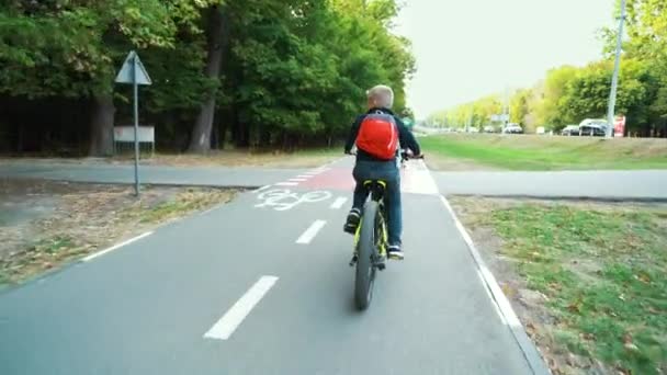 Мальчик на велосипеде вдоль велосипедной дорожки — стоковое видео