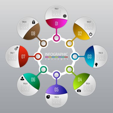 Grafik, diyagram, web tasarımı, sunum, iş akışı düzeni için vektör bilgi grafikleri şablonu. 8 seçenek, parça, adım veya süreç içeren iş konsepti