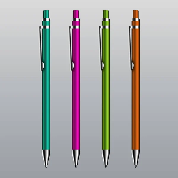 ペン。リアルなベクトルペン。企業 ID のテンプレート。デザイン用の3Dブランクモックアップセット. — ストックベクタ