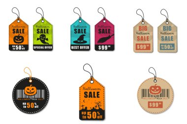 Cadılar Bayramı vektör seti. Cadılar Bayramı satış, indirim ve teklif etiketleri, çıkartmalar