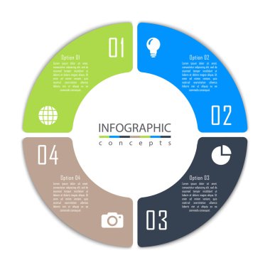 Grafik, diyagram, web tasarımı, sunum, iş akışı düzeni için vektör bilgi grafikleri şablonu. 4 seçenek, parça, adım veya süreç içeren iş konsepti
