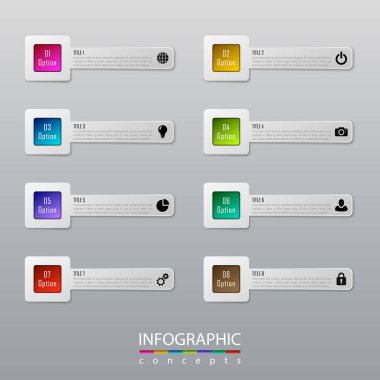 Grafik, diyagram, web tasarımı, sunum, iş akışı düzeni için vektör bilgi grafikleri şablonu. 8 seçenek, parça, adım veya süreç içeren iş konsepti