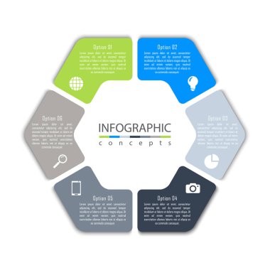 Grafik, diyagram, web tasarımı, sunum, iş akışı düzeni için vektör bilgi grafikleri şablonu. 6 seçenek, parça, adım veya süreç içeren iş konsepti