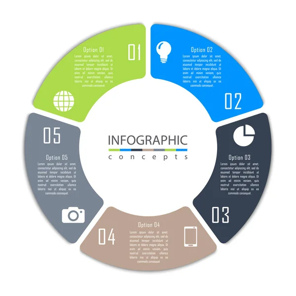 Plantilla de infografías vectoriales para gráfico, diagrama, diseño web, presentación, diseño de flujo de trabajo. Concepto de negocio con 5 opciones, partes, pasos o procesos — Vector de stock