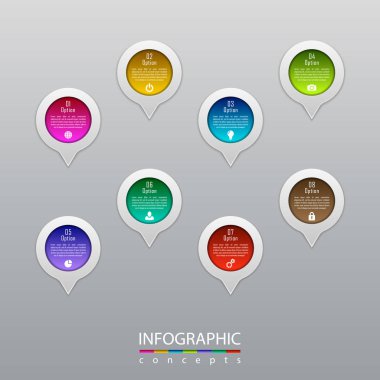 Grafik, diyagram, web tasarımı, sunum, iş akışı düzeni için vektör bilgi grafikleri şablonu. 8 seçenek, parça, adım veya süreç içeren iş konsepti
