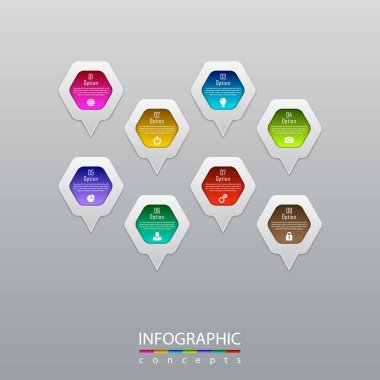 Grafik, diyagram, web tasarımı, sunum, iş akışı düzeni için vektör bilgi grafikleri şablonu. 8 seçenek, parça, adım veya süreç içeren iş konsepti