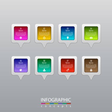Grafik, diyagram, web tasarımı, sunum, iş akışı düzeni için vektör bilgi grafikleri şablonu. 8 seçenek, parça, adım veya süreç içeren iş konsepti