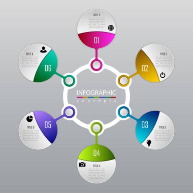 Grafik, diyagram, web tasarımı, sunum, iş akışı düzeni için vektör bilgi grafikleri şablonu. 6 seçenek, parça, adım veya süreç içeren iş konsepti