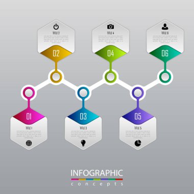 Grafik, diyagram, web tasarımı, sunum, iş akışı düzeni için vektör bilgi grafikleri şablonu. 6 seçenek, parça, adım veya süreç içeren iş konsepti