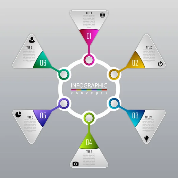 Modelo de infográficos vetoriais para gráfico, diagrama, web design, apresentação, layout de fluxo de trabalho. Conceito de negócio com 6 opções, peças, passos ou processos — Vetor de Stock