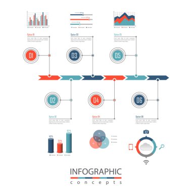 Grafik, diyagram, web tasarımı, sunum, iş akışı düzeni için vektör bilgi grafikleri şablonu. 6 seçenek, parça, adım veya süreç içeren iş konsepti