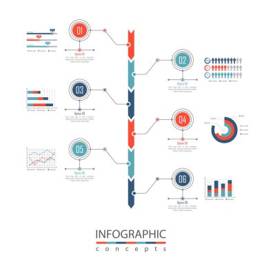 Grafik, diyagram, web tasarımı, sunum, iş akışı düzeni için vektör bilgi grafikleri şablonu. 6 seçenek, parça, adım veya süreç içeren iş konsepti