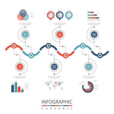 Grafik, diyagram, web tasarımı, sunum, iş akışı düzeni için vektör bilgi grafikleri şablonu. 6 seçenek, parça, adım veya süreç içeren iş konsepti