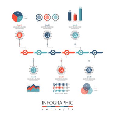 Grafik, diyagram, web tasarımı, sunum, iş akışı düzeni için vektör bilgi grafikleri şablonu. 6 seçenek, parça, adım veya süreç içeren iş konsepti