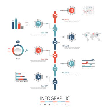 Grafik, diyagram, web tasarımı, sunum, iş akışı düzeni için vektör bilgi grafikleri şablonu. 6 seçenek, parça, adım veya süreç içeren iş konsepti