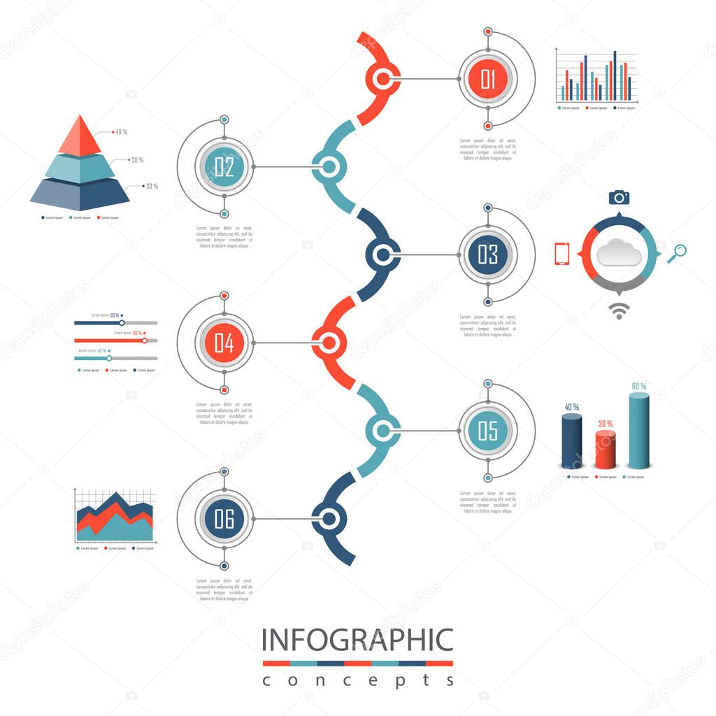 Vector infographics template for chart, diagram, web design, presentation, workflow layout. Business concept with 6 options, parts, steps or processes