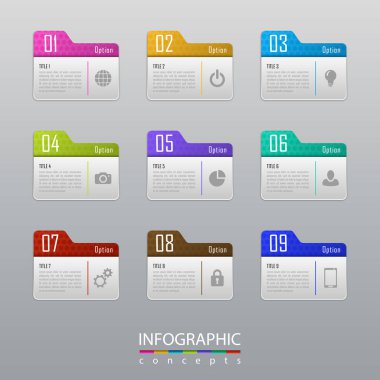Grafik, diyagram, web tasarımı, sunum, iş akışı düzeni için vektör bilgi grafikleri şablonu. 9 seçenek, parça, adım veya süreç içeren iş konsepti