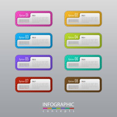 Grafik, diyagram, web tasarımı, sunum, iş akışı düzeni için vektör bilgi grafikleri şablonu. 8 seçenek, parça, adım veya süreç içeren iş konsepti