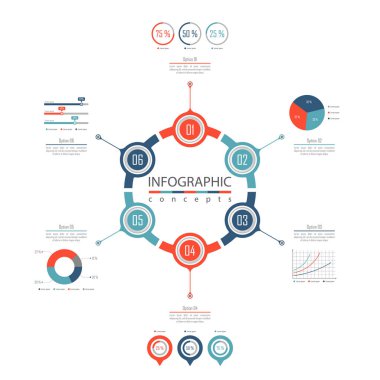Grafik, diyagram, web tasarımı, sunum, iş akışı düzeni için vektör bilgi grafikleri şablonu. 6 seçenek, parça, adım veya süreç içeren iş konsepti