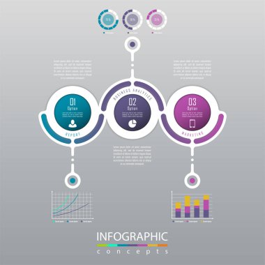 Grafik, diyagram, web tasarımı, sunum, iş akışı düzeni için vektör bilgi grafikleri şablonu. 3 seçenek, parça, adım veya süreç içeren iş konsepti
