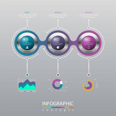 Grafik, diyagram, web tasarımı, sunum, iş akışı düzeni için vektör bilgi grafikleri şablonu. 3 seçenek, parça, adım veya süreç içeren iş konsepti