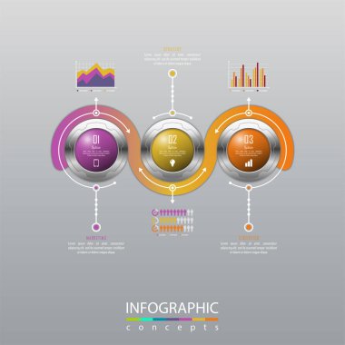 Grafik, diyagram, web tasarımı, sunum, iş akışı düzeni için vektör bilgi grafikleri şablonu. 3 seçenek, parça, adım veya süreç içeren iş konsepti