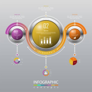 Grafik, diyagram, web tasarımı, sunum, iş akışı düzeni için vektör bilgi grafikleri şablonu. 3 seçenek, parça, adım veya süreç içeren iş konsepti