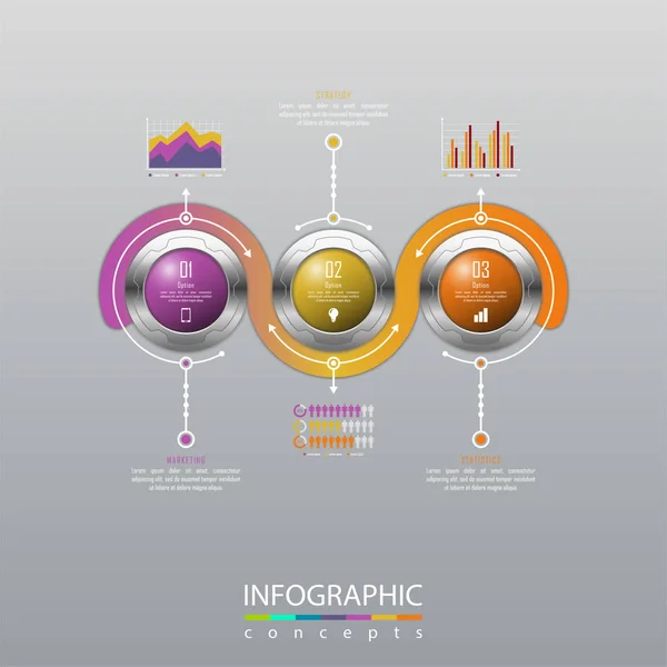 Векторний шаблон інфографіки для діаграми, діаграми, веб-дизайну, презентації, компонування робочого процесу. Бізнес-концепція з трьома варіантами, частинами, кроками або процесами — стоковий вектор