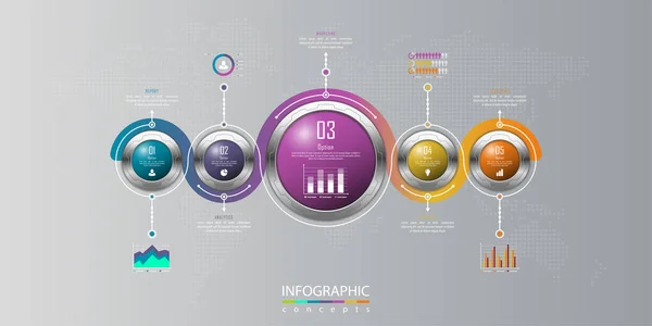 Grafik, diyagram, web tasarımı, sunum, iş akışı düzeni için vektör bilgi grafikleri şablonu. 5 seçenek, parça, adım veya süreç içeren iş konsepti