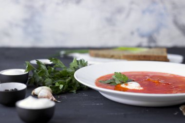 Geleneksel Ukraynalı Rus borsch ekşi krema ve beyaz b