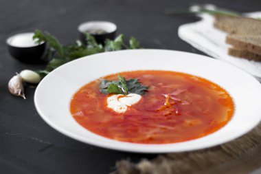 Geleneksel Ukraynalı Rus borsch ekşi krema ve beyaz b