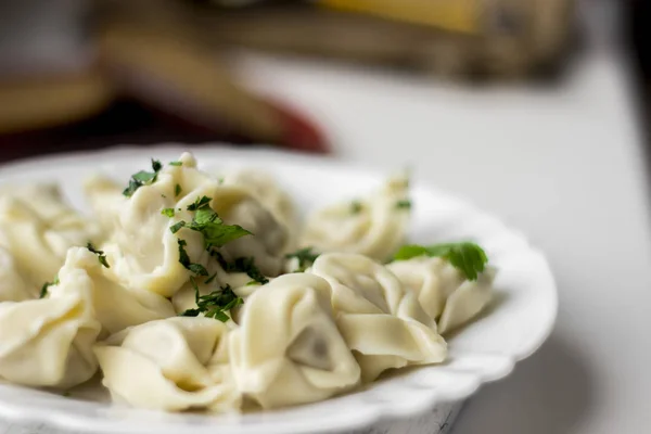 Pelmeni tradizionali russi, ravioli, gnocchi con carne su fondo di cemento scuro. Prezzemolo, pepe e spezie . — Foto Stock