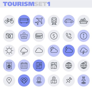 Modaya uygun satırı simgeler, turizm koleksiyonu kümesi 
