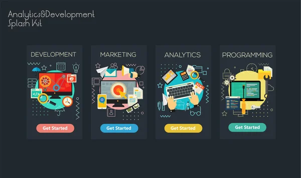 Conjunto Design Responsivo Analytics Development Modelo Telas Splash Aplicativo Móvel —  Vetores de Stock