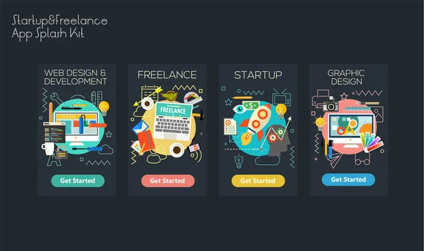 Set Van Ontwerp Responsieve Opstarten Freelance Mobiele App Splash Screens — Stockvector