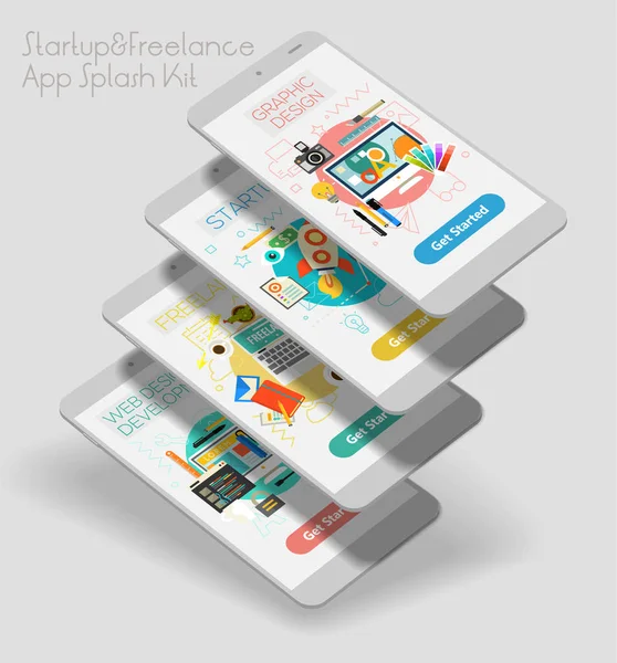 Design Responsive Startup Freelance Mobile App Splash Screens Template Avec — Image vectorielle