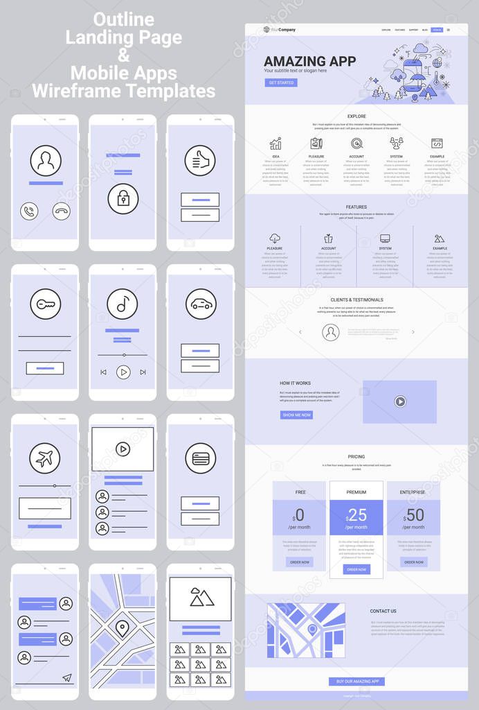 Responsive landing page or one page website and mobile apps template mock ups, wire frame collection