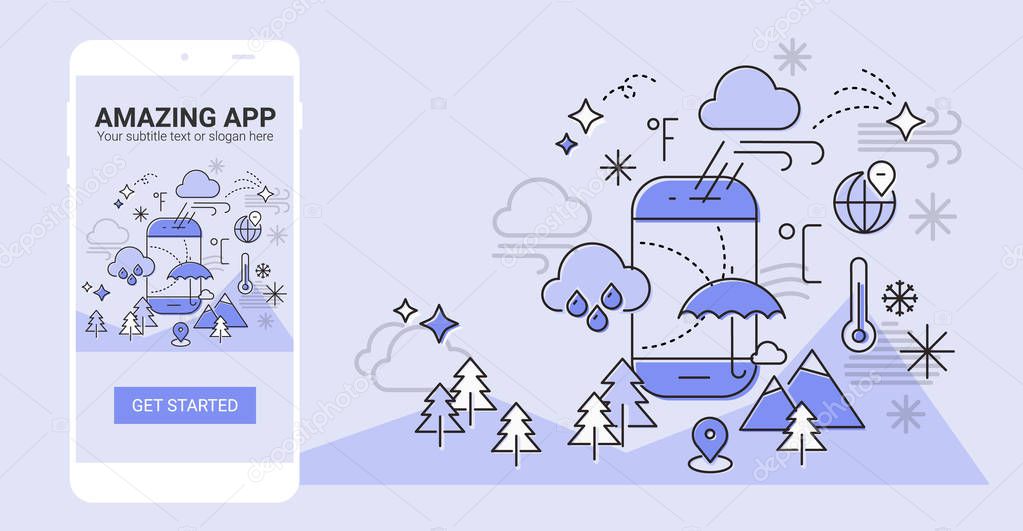 Weather and seasonal conceptual line banner and splash screen illustration for mobile apps
