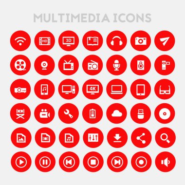 Modern düz tasarım büyük Multimedia Icons set. Vektör çizim