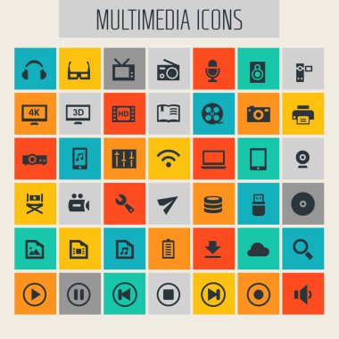 Modern düz tasarım büyük Multimedia Icons set. Vektör çizim