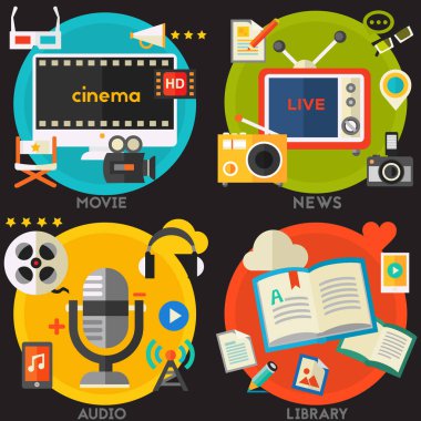 Ses üretimi ve podcast, e-ibrary ve uzaktan öğrenme, video prodüksiyon ve hareketli grafik, Haberler ve raporlar kavramı. Vektör çizim