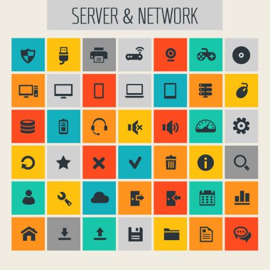 Modern düz tasarım büyük bilgisayar ve sunucu ağ Icons set. Vektör çizim