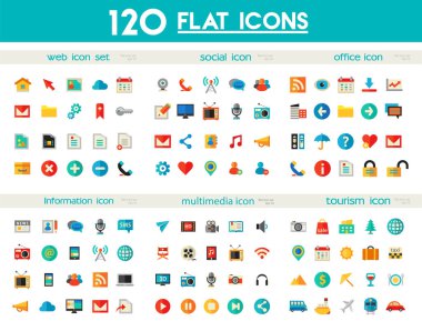 Trendy düz multimedya, bilgi, web ve sosyal renkli simgeler beyaz arka plan üzerinde ayrıntılı. Vektör çizim