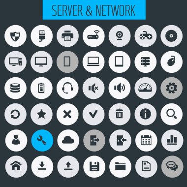 Modern düz tasarım büyük bilgisayar ve sunucu ağ Icons set. Vektör çizim