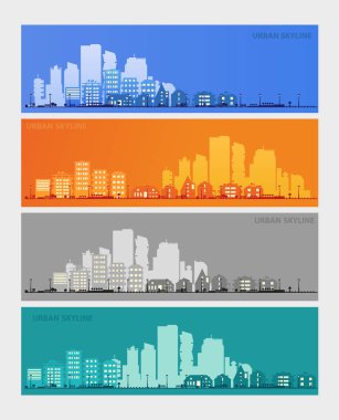 3 yatay afiş ile küçük kasaba veya köy siluetleri vektör toplama