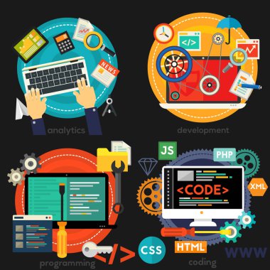 Programming and coding, scripting and website development, analytics and SEO concepts. Horizontal banners. Vector illustration clipart svg vector 