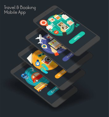 Düz tasarım duyarlı seyahat ve rezervasyon UI mobil app sıçrama ekranları şablonu trendy çizimler ve 3d smartphone mockup. Vektör çizim