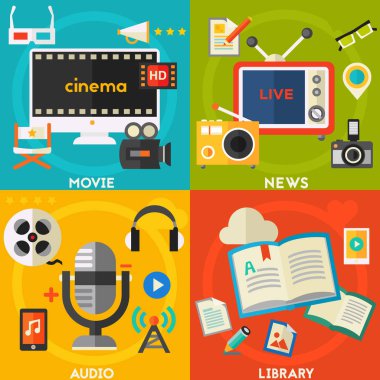 Ses üretimi ve podcast, e-ibrary ve uzaktan öğrenme, video prodüksiyon ve hareketli grafik, Haberler ve raporlar kavramı. Vektör çizim