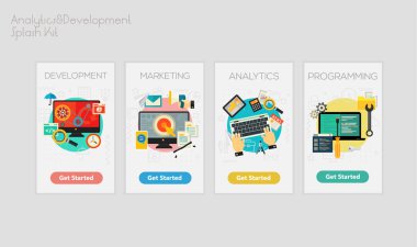 Düz tasarım duyarlı Analytics ve geliştirme UI mobil app sıçrama ekranları şablonu trendy resimler. Vektör çizim
