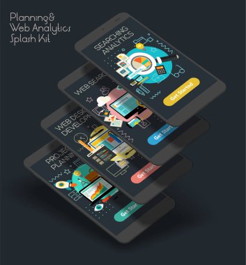 Düz tasarım duyarlı proje planlama, arama Analytics ve Web geliştirme Kullanıcı hareket eden app sıçrama ekranları şablonu trendy çizimler ve 3d smartphone mockup. Vektör çizim